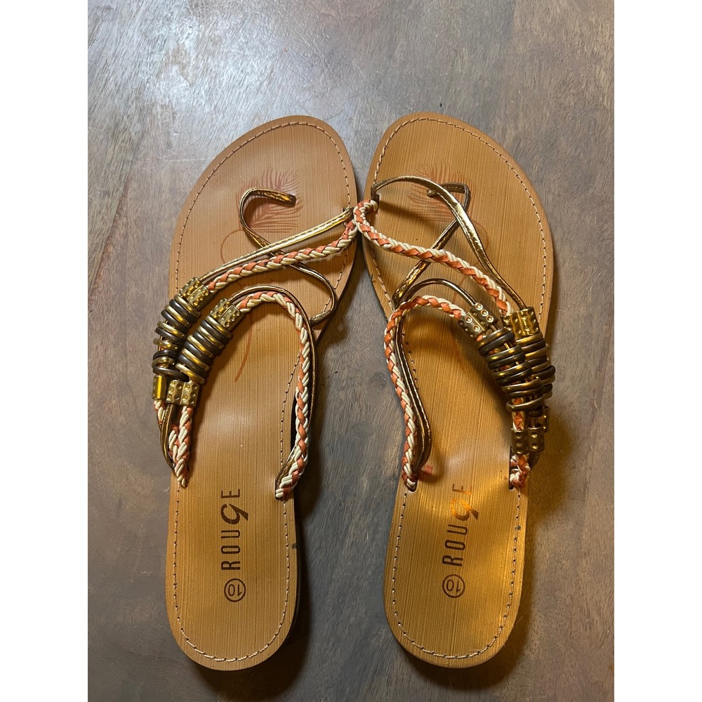 Rouge Womens Sandals Beaded Metallic Straps Gold 10